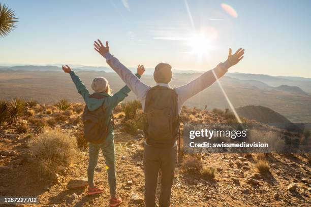 pareja celebran en la cima de la montaña al amanecer - joshua fotografías e imágenes de stock