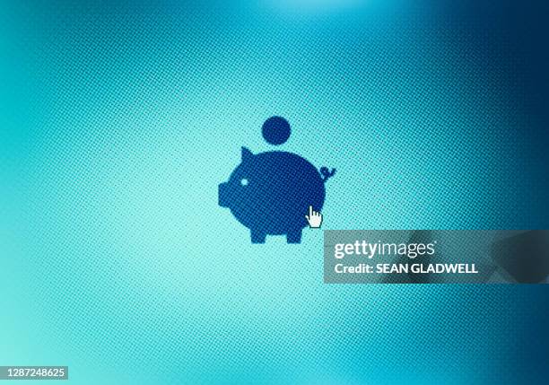 piggy bank icon on computer screen - sparpaket stock-fotos und bilder