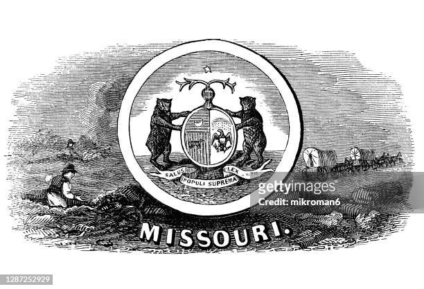 old engraved illustration of seal of indianapolis us state, united states of america (usa) - missouri seal stock pictures, royalty-free photos & images