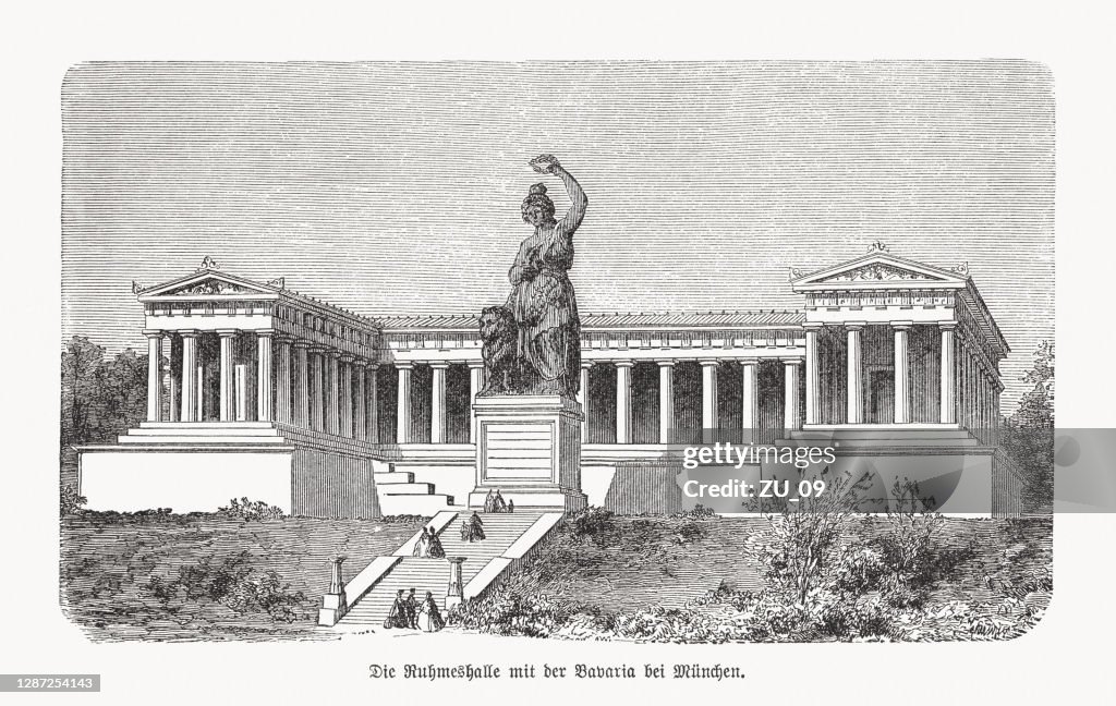 Ruhmeshalle and Bavaria statue, Munich, Germany, wood engraving, published 1893