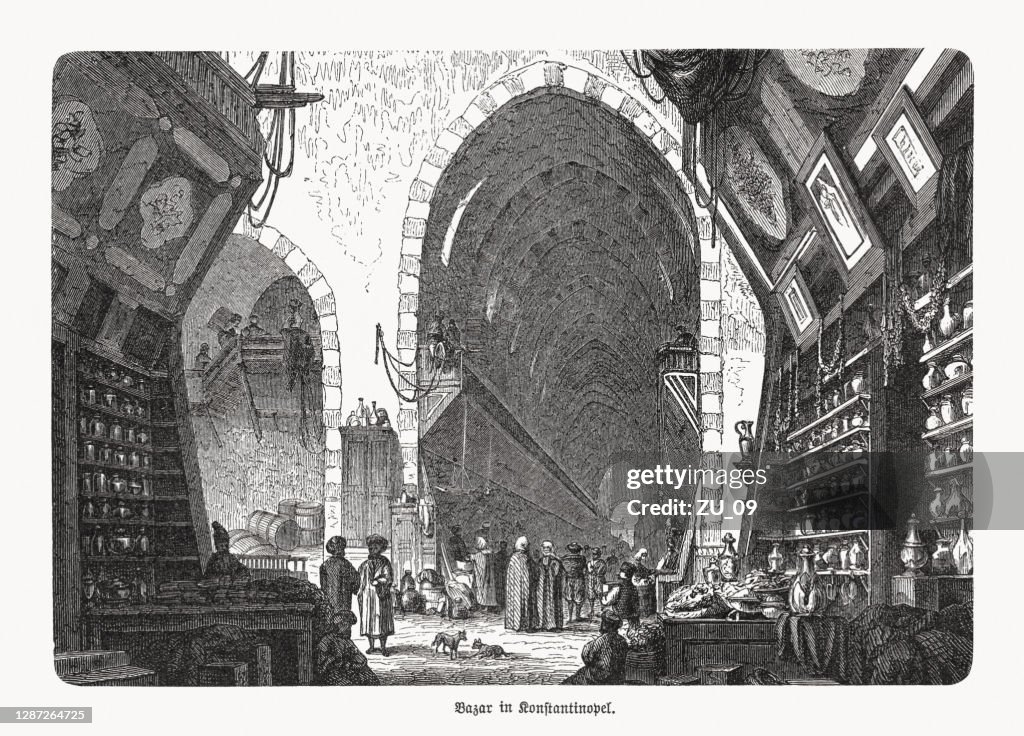 Bazaar in Constantinople, Ottoman Empire, wood engraving, published in 1893