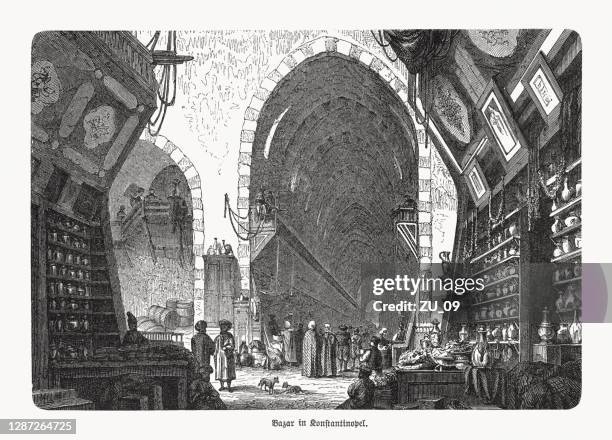 bazaar in constantinople, ottoman empire, wood engraving, published in 1893 - grand bazaar stock illustrations