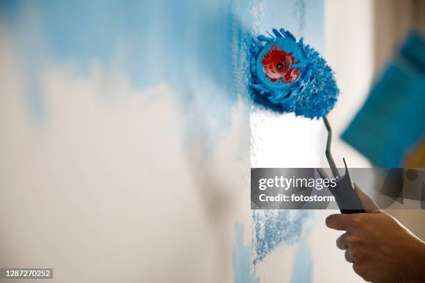 blue paint being applied with a paint roller - painters hands stock pictures, royalty-free photos & images