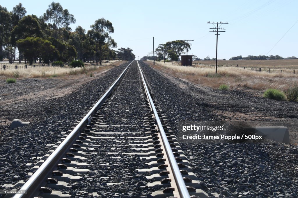Empty railroad tracks against clear sky,Nelson St,Nhill VIC,Australia