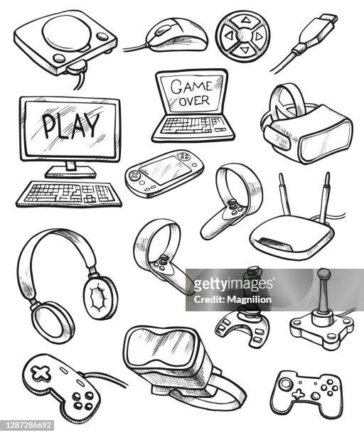 ilustraciones, imágenes clip art, dibujos animados e iconos de stock de conjunto de doodle de realidad virtual y juegos de computación - game controller