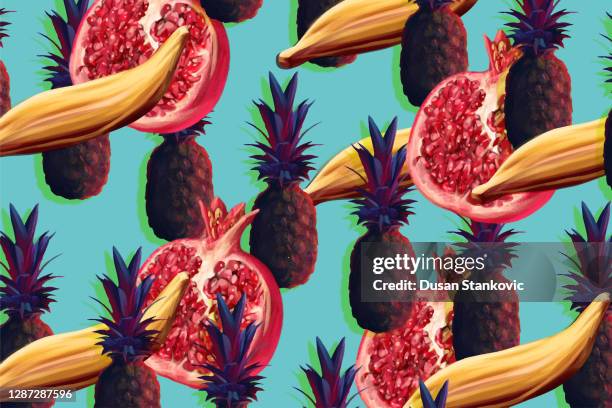 pineapple and pomegranate seamless pattern - pineapple texture stock illustrations