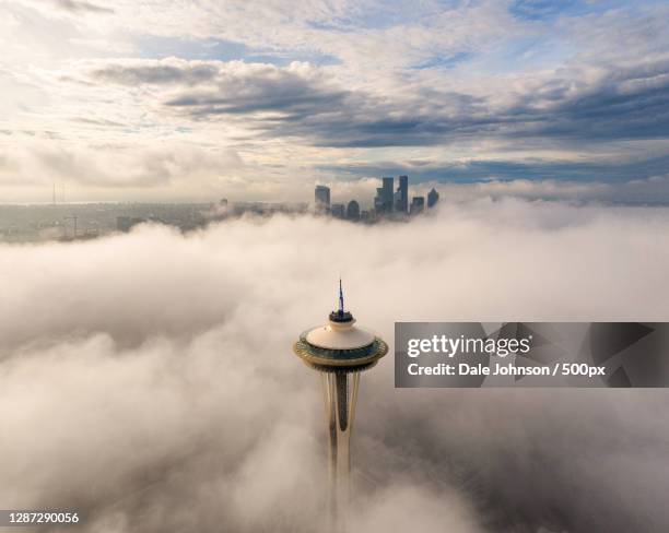 aerial view of shanghai lujiazui financial district in fog,seattle,washington,united states,usa - seattle fotografías e imágenes de stock