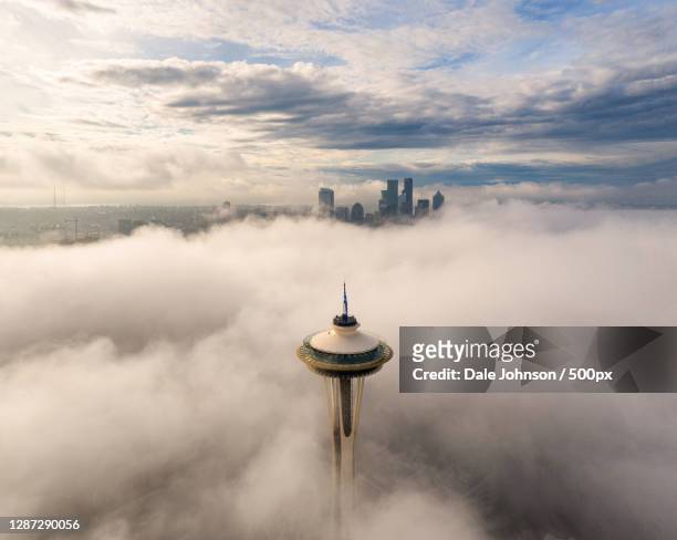 aerial view of shanghai lujiazui financial district in fog,seattle,washington,united states,usa - seattle photos et images de collection