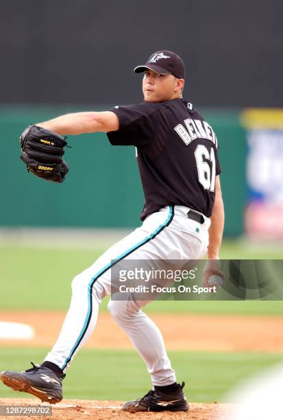 Josh Beckett of the Florida Marlins pitches during an Major League Baseball Spring Training game March 3, 2003. Beckett played for the Marlins from...