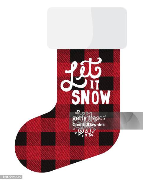rot und schwarz karierte textur weihnachten santa strumpf design lassen sie es schnee handgezeichnetschriftzug mit schneeflocke - christmas stocking stock-grafiken, -clipart, -cartoons und -symbole