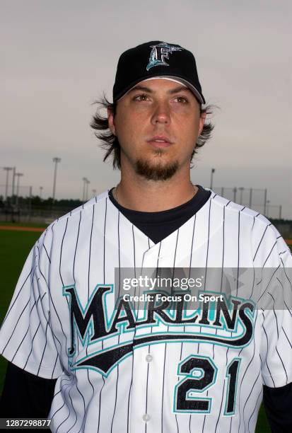 Josh Beckett of the Florida Marlins poses for this portrait during Major League Baseball spring training circa 2001 at Roger Dean Stadium in Jupiter,...