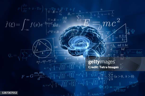 human brain and mathematical formulas - mathematisches symbol stock-fotos und bilder