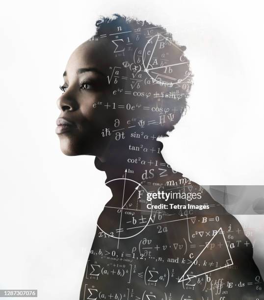 silhouette of woman covered with mathematical formulas - fórmula-matemática fotografías e imágenes de stock