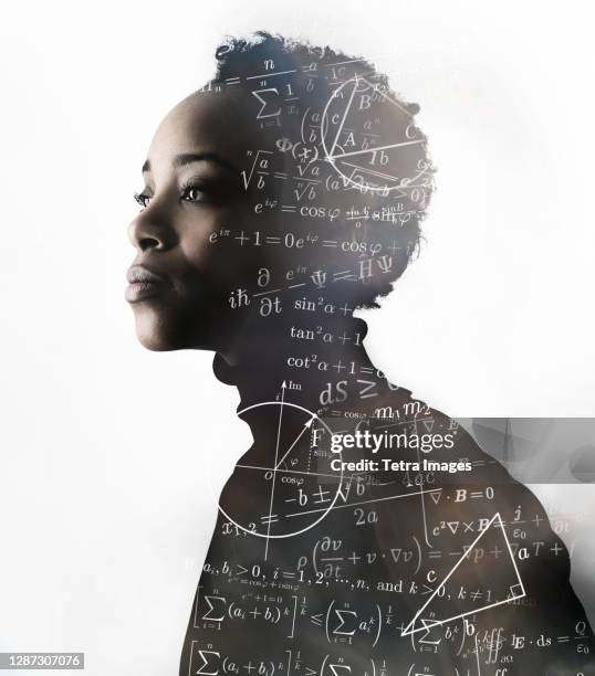 silhouette of woman covered with mathematical formulas - mathematical formula 個照片及圖片檔