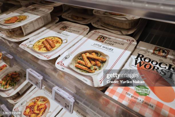 Packages of The Vegetarian Butcher 's plant based sausages are displayed at a supermarket on November 19, 2020 in Katwijk, Netherlands