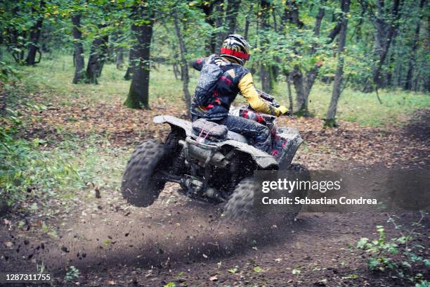 man is riding an atv through race wood, sport weekend activiti forest trail, road. - quadbike stock pictures, royalty-free photos & images