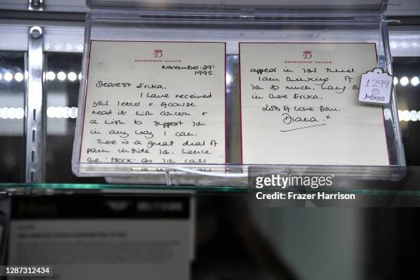 Signed letter from Princess Diana on display at Julien's Auctions Presents Icons And Idols: Rock 'N' Roll, Hollywood and Sports at Julien's Auctions...