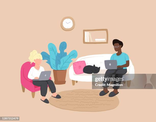 work at home, home office - black person using computer stock illustrations