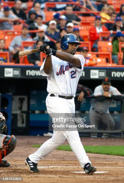 Carlos Delgado of the New York Mets bats against the San Francisco Giants during an Major League Baseball game June 2, 2006 at Citi Field in the...