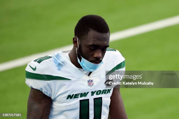 Denzel Mims of the New York Jets walks off the field after the game against the Los Angeles Chargers at SoFi Stadium on November 22, 2020 in...