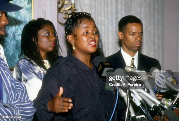 Rapper, activist and Public Enemy associate Sister Souljah calls out Arkansas Governor Bill Clinton at a Press Conference at the New York Marriot...