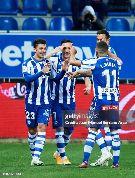 Ximo Navarro of Deportivo Alaves celebrates after scoring goal during the LaLiga Santander match between Alaves and Valencia on November 22, 2020 in...