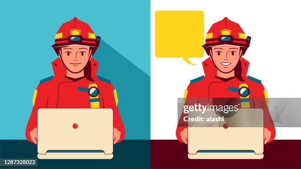 smiling beautiful young female firefighter in two facial expressions uses laptop. technology in the fire service from personal protective equipment to intelligent 3d real-time fire control system - real time stock illustrations