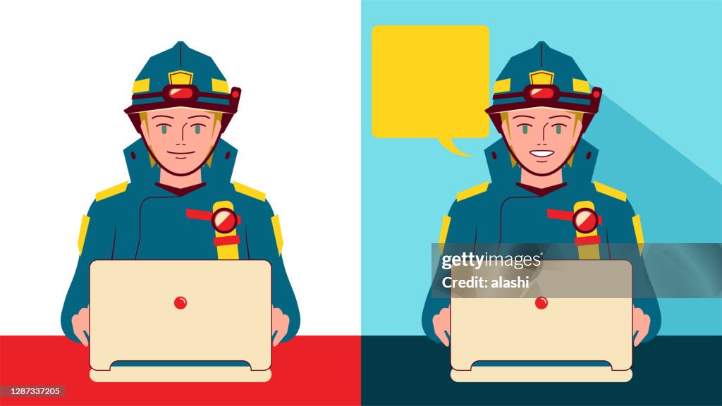 Smiling beautiful young female firefighter in two facial expressions uses laptop. Technology in the fire service from personal protective equipment to intelligent 3D real-time fire control system