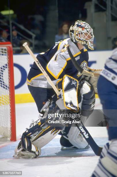 Mike Dunham of the Nashville Predators skates against the Toronto Maple Leafs during NHL game action on October 11, 1999 at Air Canada Centre in...