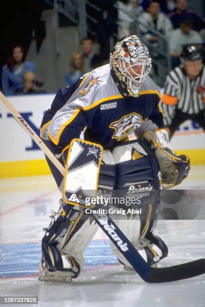 Mike Dunham of the Nashville Predators skates against the Toronto Maple Leafs during NHL game action on October 11, 1999 at Air Canada Centre in...