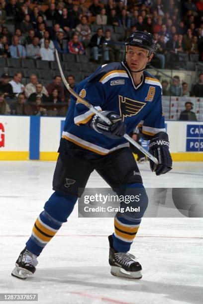 Al McInnis of the St. Louis Blues skates against the Toronto Maple Leafs during NHL game action on November 17, 1999 at Air Canada Centre in Toronto,...