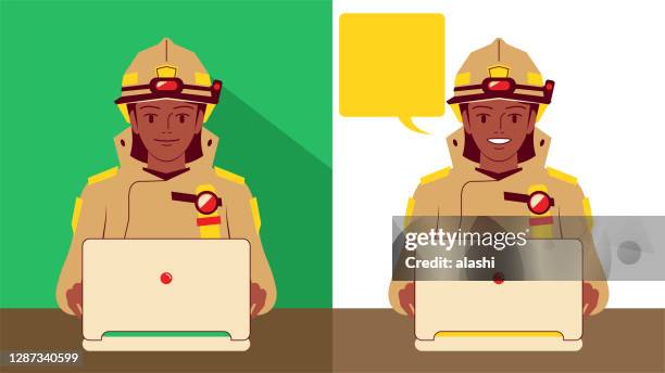 smiling beautiful young female firefighter in two facial expressions uses laptop. technology in the fire service from personal protective equipment to intelligent 3d real-time fire control system - real time stock illustrations