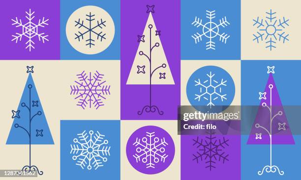 moderne winter urlaub baum schneeflocke linie zeichnung design - weihnachtsmarkt stock-grafiken, -clipart, -cartoons und -symbole