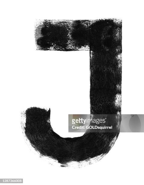 two lines creating capital letter j painted carelessly by paint roller and thick black acrylic paint - vector illustration with unique single object isolated on white background - uneven unfinished dirty textured graphic template - raw acrylic stock illustrations