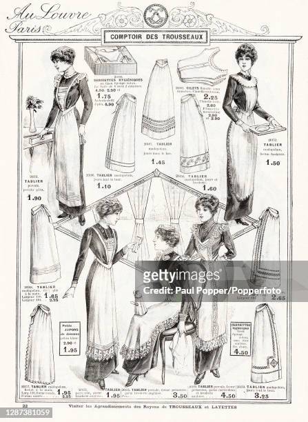 Fashion illustration from the catalogue of Au Louvre department store, showing a selection of cotton aprons and petticoats for female domestic staff,...