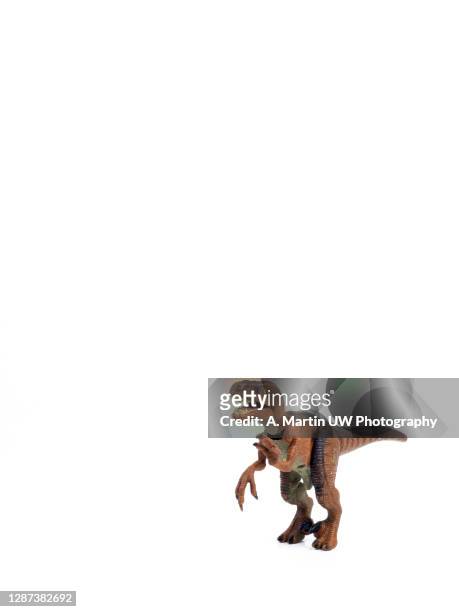 toy plastic dinosaur on white background - draak fictieve figuren stockfoto's en -beelden