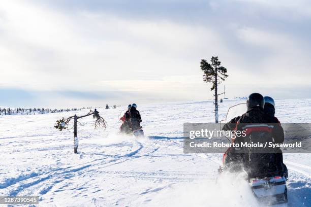 snowmobile expedition on snowy hills, lapland, finland - snowmobiling stock-fotos und bilder