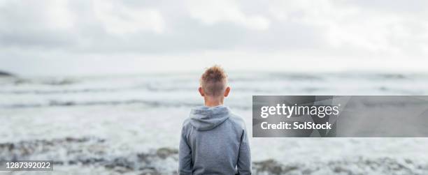 unrecognisable teenage boy looking out to sea - child rear view stock pictures, royalty-free photos & images