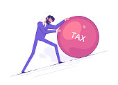 Tired businessman pushing a boulder uphill with the inscription taxes. The tax burden tax time and taxpayer finance concept. Modern vector illustration.