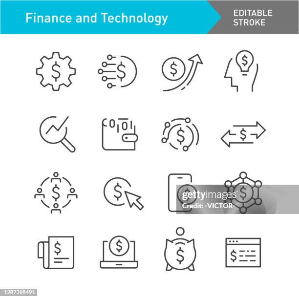 finance and technology icons - line series - editable stroke - financial technology stock illustrations