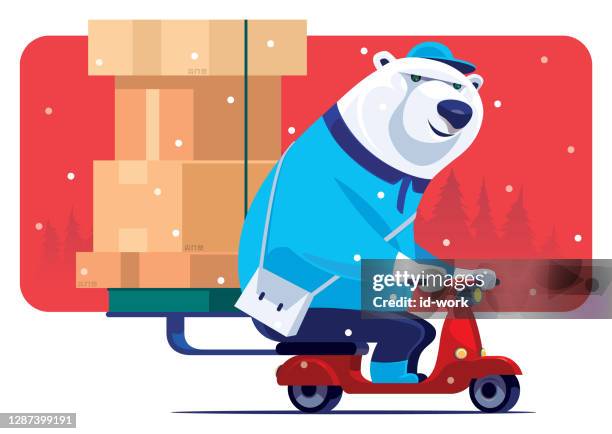 cheerful polar bear courier with scooter - funny polar bear stock illustrations