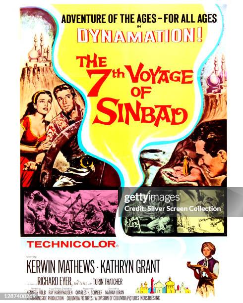 The poster for the 1958 fantasy film 'The 7th Voyage of Sinbad', starring Kerwin Mathews as Sinbad and Kathryn Grant as Princess Parisa.