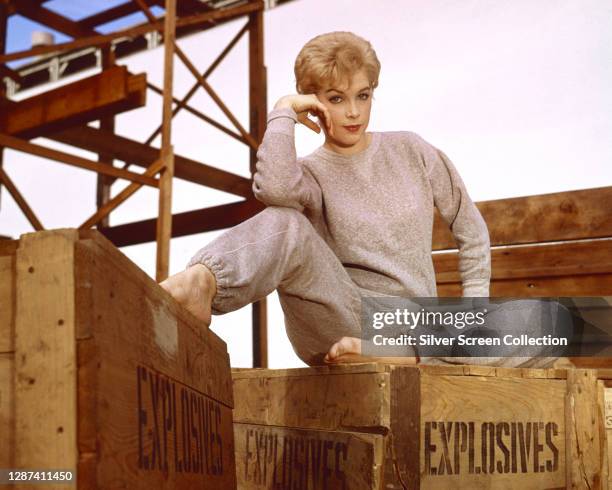 American actress Stella Stevens sitting on a crate of explosives, circa 1965.