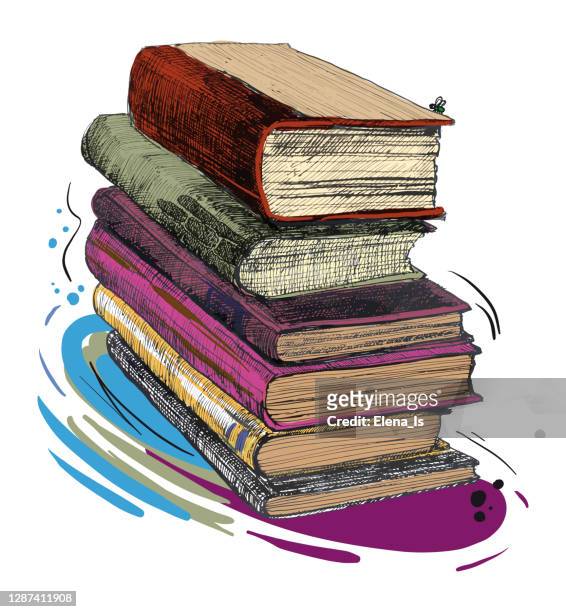 tinte, stift. skizze - ein stapel von alten büchern - library old books stock-grafiken, -clipart, -cartoons und -symbole