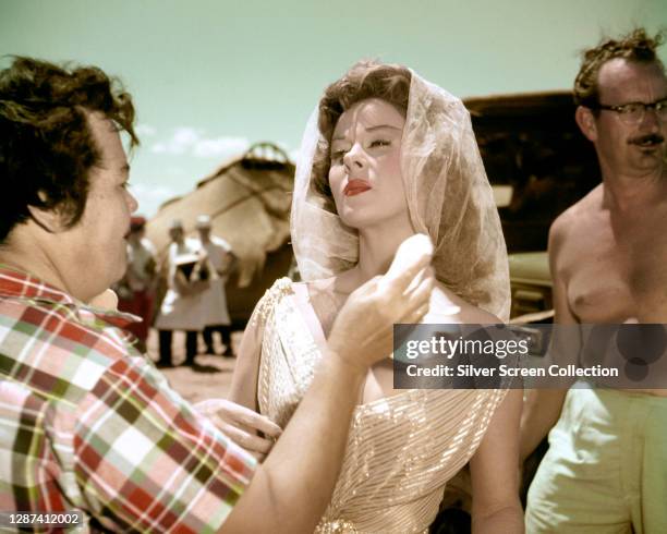 American actress Susan Hayward on location during filming for 'The Conqueror', directed by Dick Powell, Utah, 1955. The film was released in February...