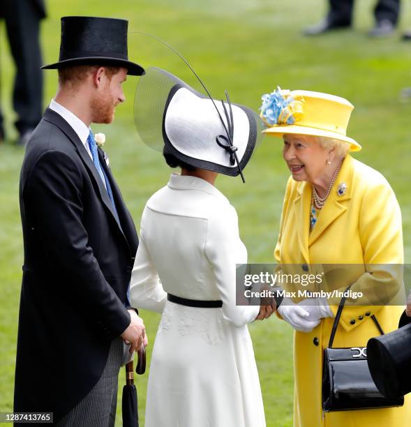 Prince Harry, Duke of Sussex, Meghan, Duchess of Sussex and Queen Elizabeth II attend day 1 of Royal Ascot at Ascot Racecourse on June 19, 2018 in...