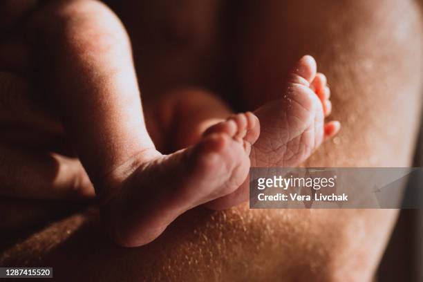 loving mother hand holding cute sleeping newborn baby child little foot or heel. baby's feet - newborn feet stock pictures, royalty-free photos & images