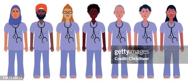 ilustraciones, imágenes clip art, dibujos animados e iconos de stock de grupo diverso de médicos y enfermeras - nhs staff