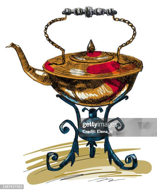 ink, pen. sketch of a retro teapot (bouillotte) with a burner - bouillotte stock illustrations