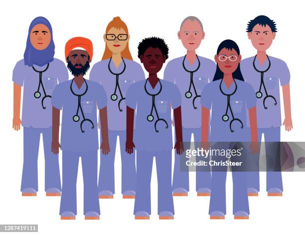 diverse group of doctors and nurses - nhs nurse stock illustrations